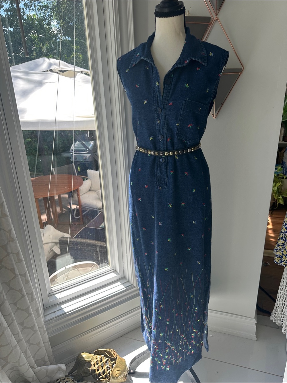 VINTAGE 90s Denim Navy Blue Embroidered Maxi Jean Dress Button Front Size 16 - Picture 9 of 14